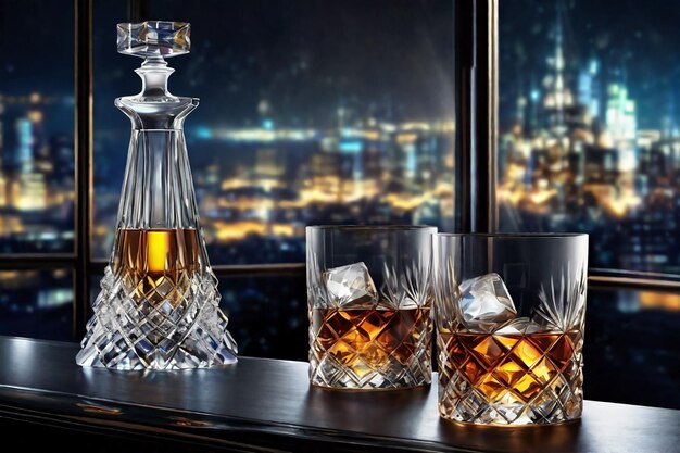 Photo decanter en verre de whisky jag sur un comptoir en bois avec vue sur la ville nocturne