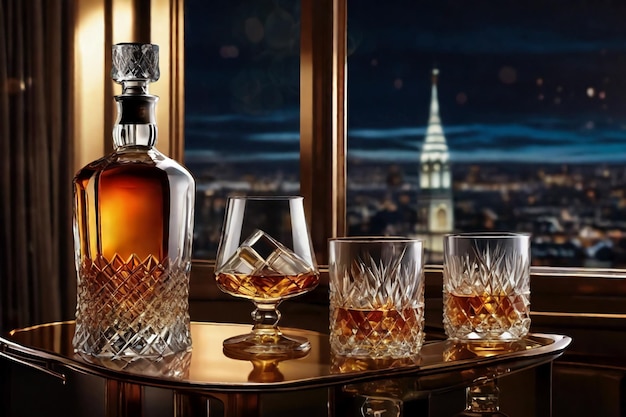 Photo decanter en verre de whisky jag sur un comptoir en bois avec vue sur la ville nocturne