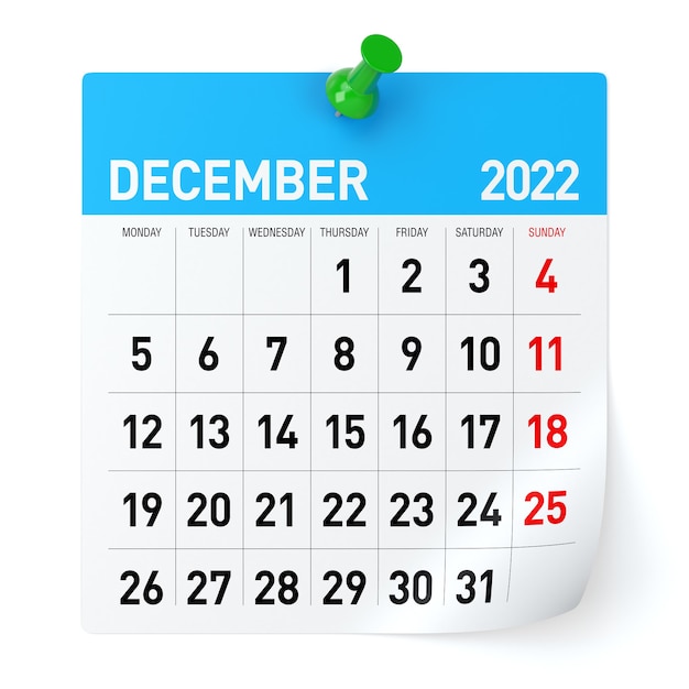 Décembre 2022 - Calendrier. Isolé sur fond blanc. Illustration 3D