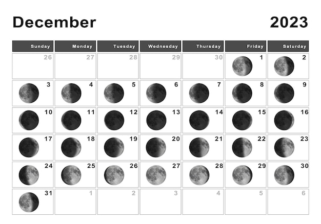 Décembre 2023 Calendrier lunaire, Cycles lunaires, Phases lunaires