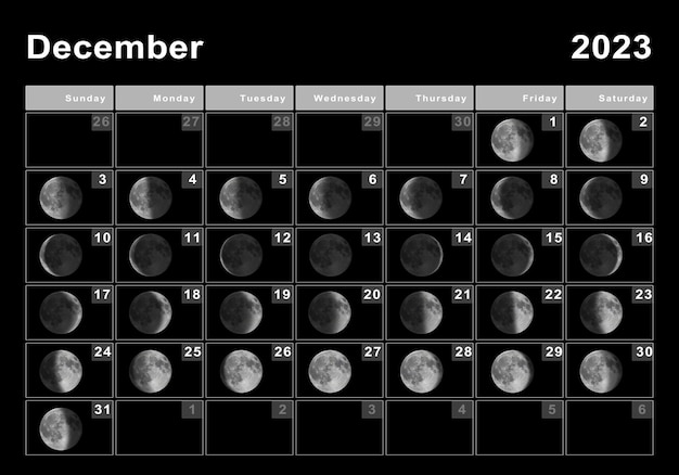 Photo décembre 2023 calendrier lunaire, cycles lunaires, phases lunaires