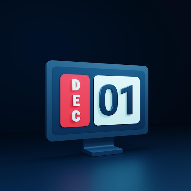 Décembre Calendrier Icône Illustration 3D avec écran de bureau Date Décembre 01