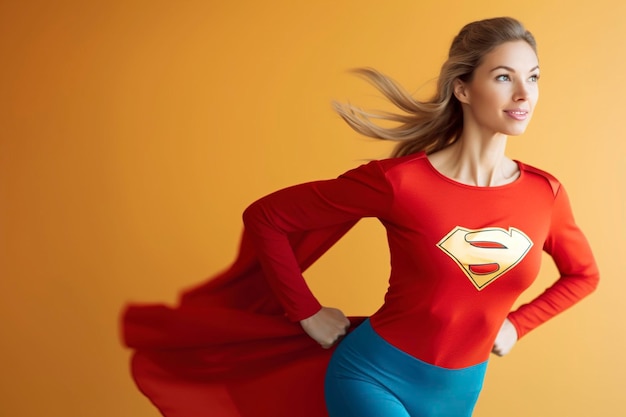 Photo déchaînant son super-héros intérieur, une femme embrasse son rôle de femme au foyer puissante et dynamique sur un fond de couleur simple.