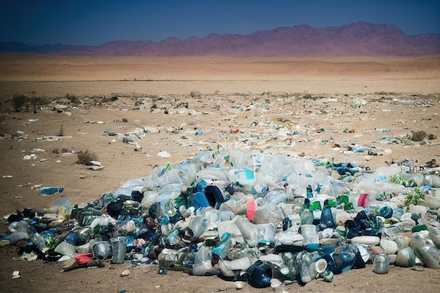 Décharge de déchets dans le désert de sable impact nocif humain sur le problème de l'écologie de la nature