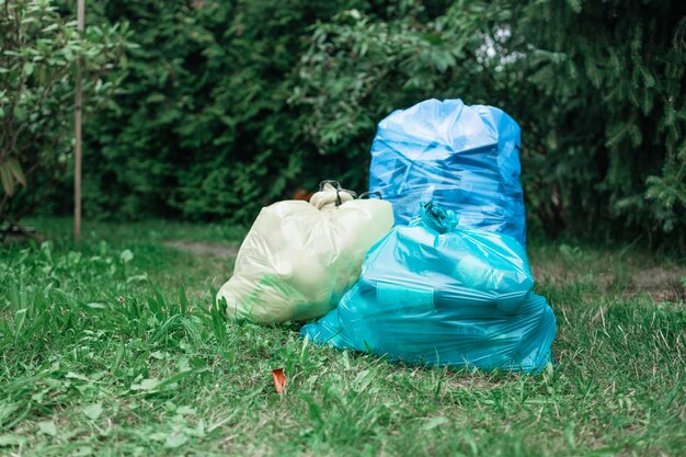 Photo déchets dans de grands sacs en plastique noirs dans la nature forêt à la source de la rivière nettoyage de la nature de haute qualité