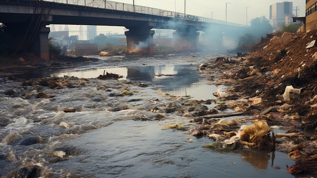 Photo déchets industriels et pollution de l'air avec fumée noire des cheminées