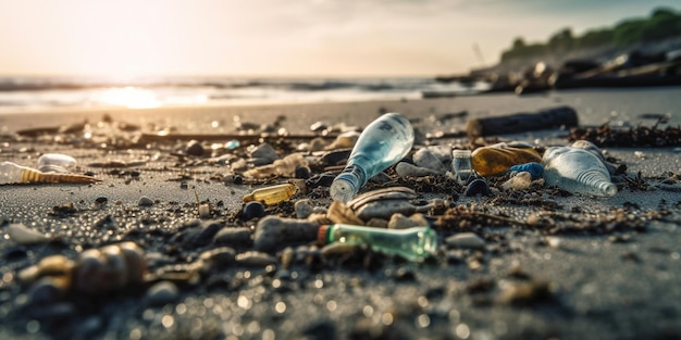 Déchets en plastique sur l'image panoramique de la plage de sable blanc de la mer Generative Ai