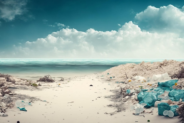 Déchets plastiques et ordures jonchant une plage Generative Ai