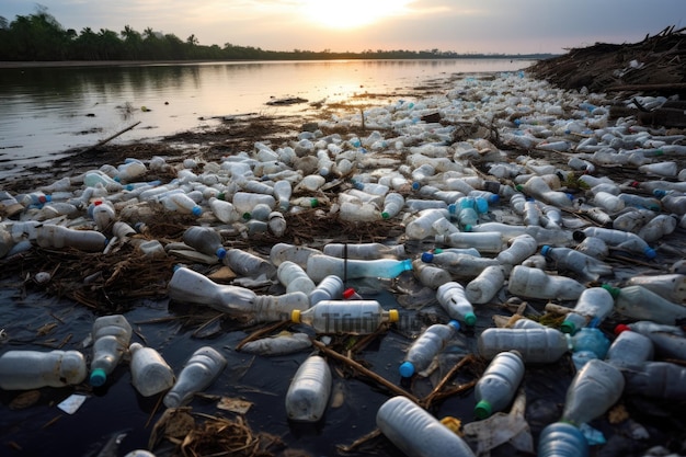 Déchets plastiques sur la rivière au coucher du soleil Concept de pollution de l'environnement Question environnementale du problème de la pollution plastique AI Généré