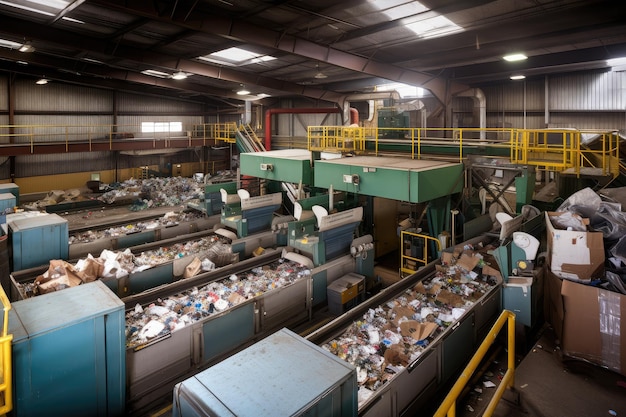 Une déchetterie avec des poubelles et des machines de tri et de retraitement des matériaux