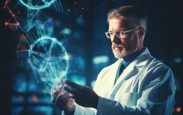 Déchiffrer les secrets génétiques Un médecin tient une structure d'ADN d'hélice bleue