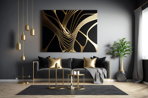 déco abstraite dans des couleurs design noir et or sur le mur dans un intérieur neural au style minimaliste