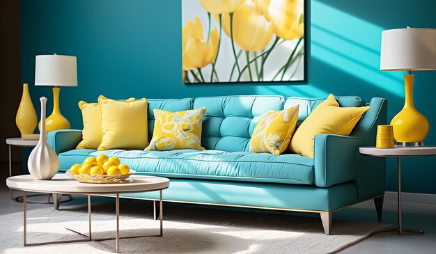 Photo déco salon dans les tons turquoise et jaune concept minimaliste généré par l'ia