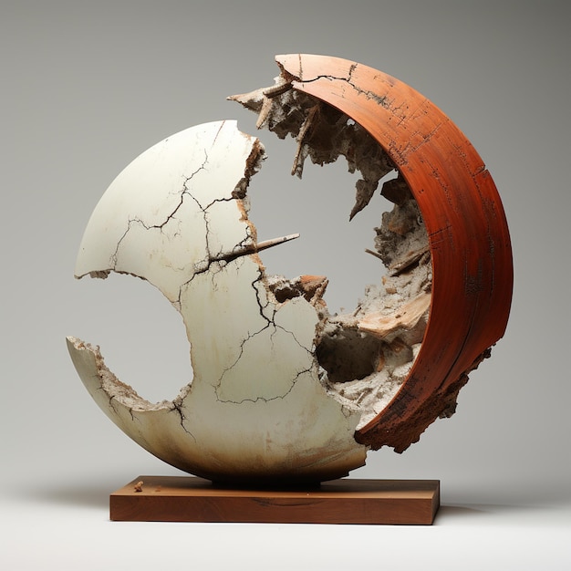 Déconstruction sculpture de poterie moderne beauté incomplète soleil lune matériaux composites bois
