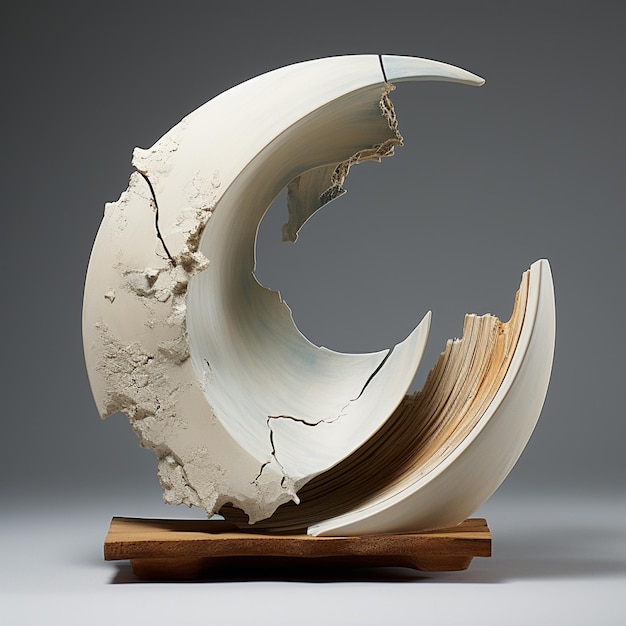 Déconstruction sculpture de poterie moderne beauté incomplète soleil lune matériaux composites bois
