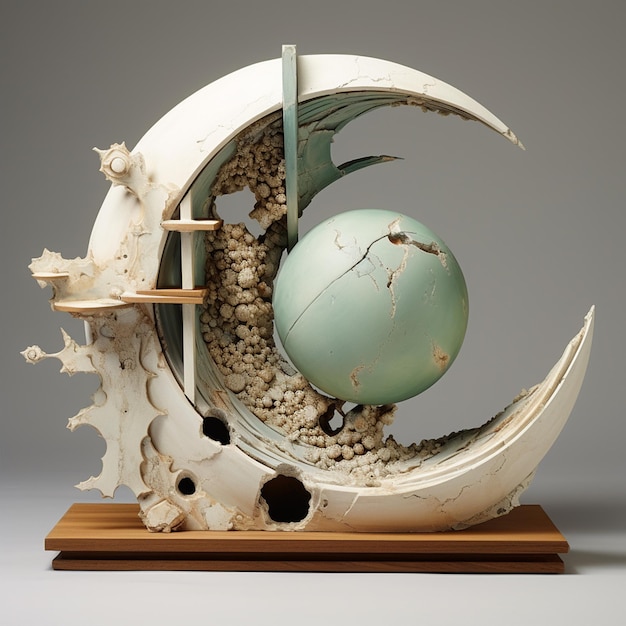 Photo déconstruction sculpture de poterie moderne beauté incomplète soleil lune matériaux composites bois