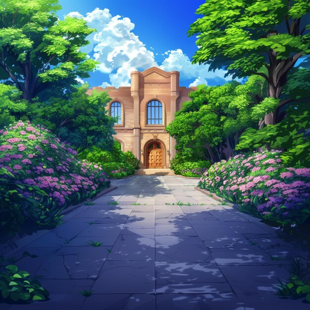 décor d'anime d'une maison avec un jardin et des arbres