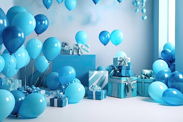 Décor d'anniversaire bleu avec des ballons coffrets cadeaux bleus dans la chambre bleue Generative AI