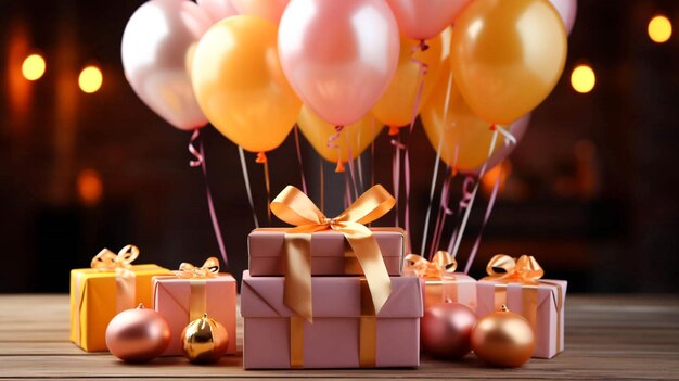 Photo décor d'anniversaire rose et jaune avec des ballons un cadeau idéal pour les arrière-plans de célébration boîte cadeau avec ruban rouge et présent sur scène