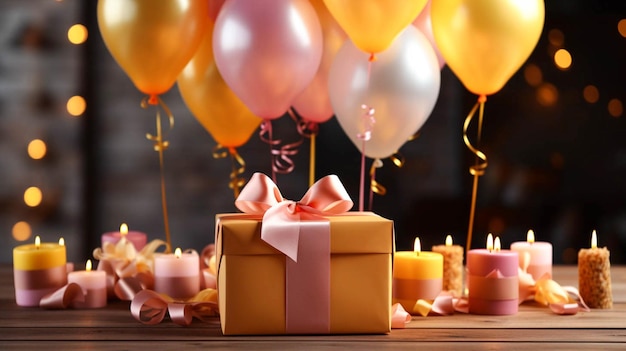 Décor d'anniversaire rose et jaune avec des ballons un cadeau idéal pour les arrière-plans de célébration boîte cadeau avec ruban rouge et présent sur scène