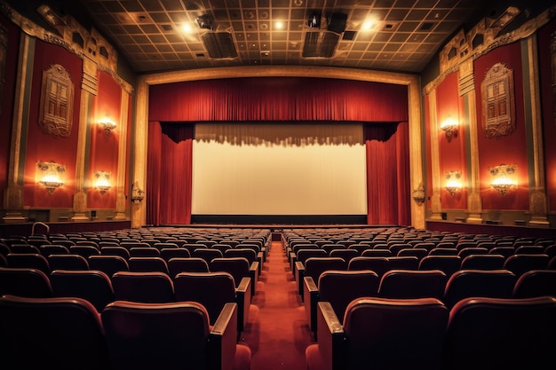 Le décor atmosphérique d’une salle de cinéma à l’ancienne L’auditorium faiblement éclairé orné de rideaux de velours IA générative