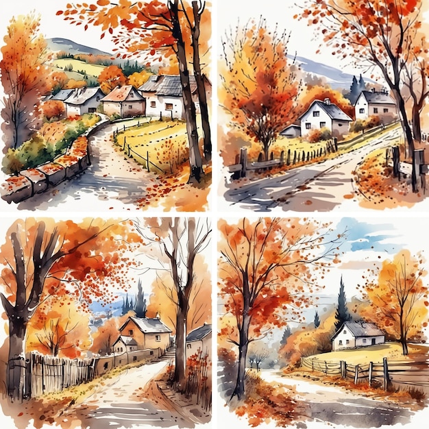 Décor de l'automne dans le village Illustration peinte à la main à l'aquarelle