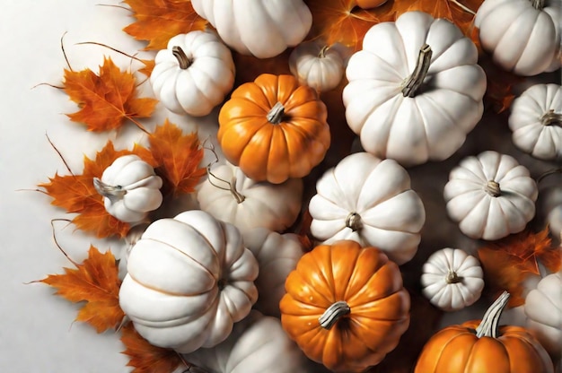 Décor d'automne festif de citrouilles blanches et oranges concept de Thanksgiving ou d'Halloween