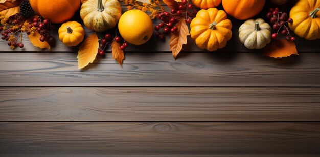Décor d'automne de Thanksgiving à partir de citrouilles, de baies et de feuilles sur un bois avec un espace de copie