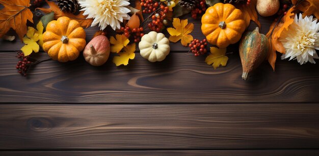 Décor d'automne de Thanksgiving à partir de citrouilles, de baies et de feuilles sur un bois avec un espace de copie