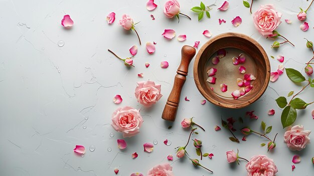 Sur un décor blanc, un bol de chant tibétain chargé d'eau et de fleurs de chrysanthèmes.