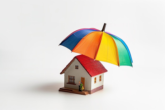 Sur un décor blanc un parapluie diversifié évite une maison modèle la prémisse de l'assurance immobilière IA générative