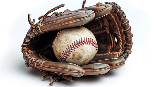 Sur un décor blanc vide une balle de baseball et un gant de baseball déchiré de couleur brune avec de la saleté dessus et de l'espace IA générative