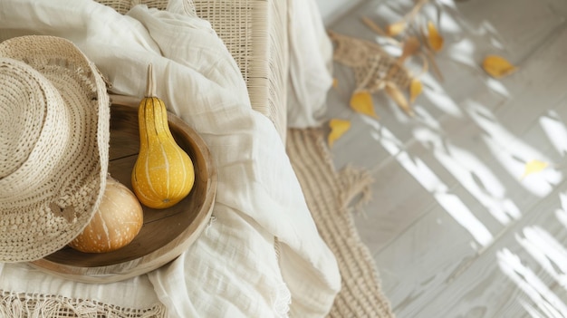 Photo décor boho avec un fond en bois et une gourde jaune