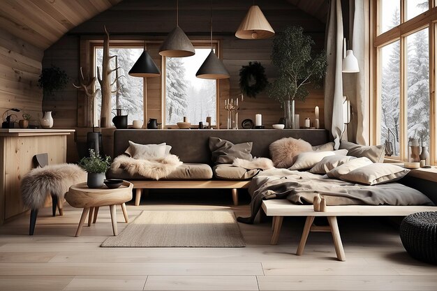 Décor d'une cabane de forêt scandinave