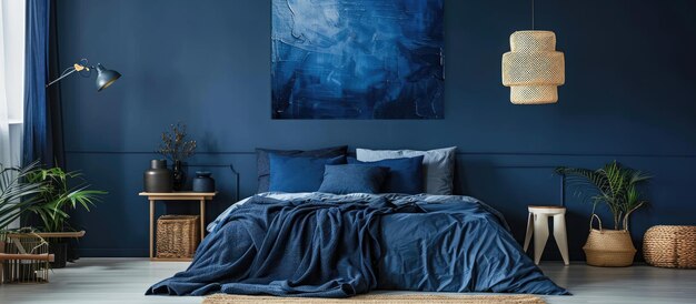 Décor de chambre chic avec un mur bleu foncé