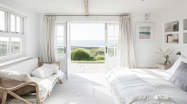 Décor de chambre à coucher de chalet côtier blanc design d'intérieur et décoration de la maison lit avec une litière élégante et des meubles sur mesure maison de campagne anglaise et location de vacances