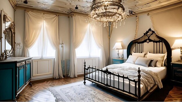 Décor de chambre d'hôtel de luxe d'inspiration victorienne avec un canopé, un lit, des rideaux en dentelle et des meubles antiques