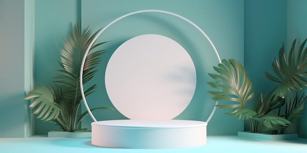 Décor circulaire sur podium blanc avec décor de feuilles tropicales autour de modèles d'arrière-plan cyan Créé avec la technologie Generative AI