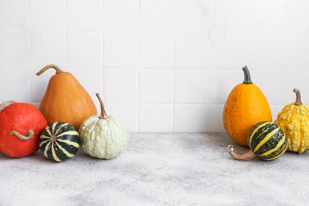 Décor de citrouille sur la table sur fond de carreaux blancs. Carte de voeux de saison d'automne.