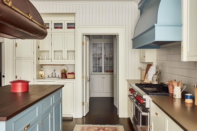 Décor de cuisine blanche design d'intérieur et amélioration de la maison anglais classique dans le comptoir d'armoires de cuisine à cadre et l'appareil dans la maison de campagne style cottage élégant ai génératif post-traité