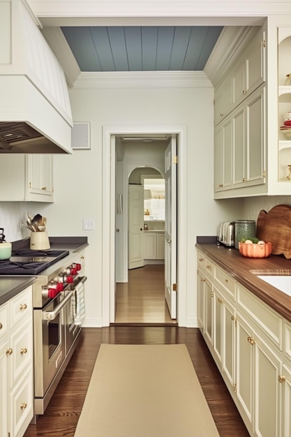 Décor de cuisine blanche design d'intérieur et amélioration de la maison anglais classique dans le comptoir d'armoires de cuisine à cadre et l'appareil dans la maison de campagne style cottage élégant ai génératif