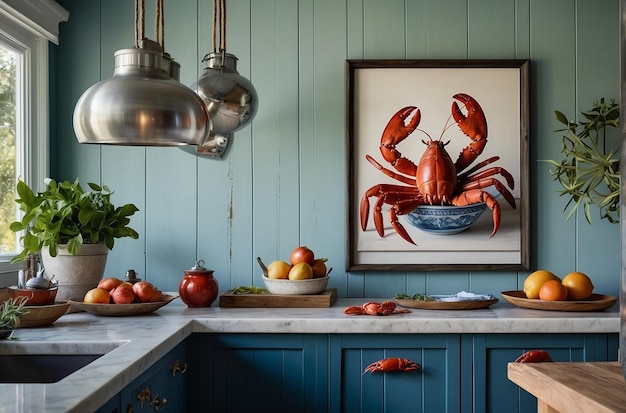 Photo décor de cuisine sur le thème du homard dans une maison côtière