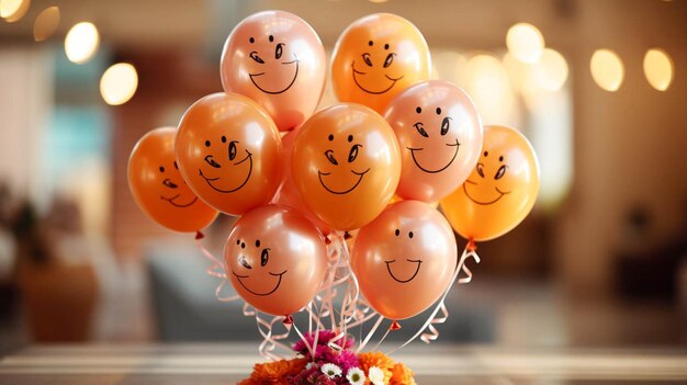 Photo décor de fête d'anniversaire et ballons colorés avec dessinés divers visages emoticons beaucoup de rire souriant sur fond beige