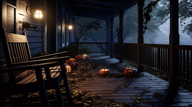 Décor d'Halloween effrayant Porche éclairé avec des citrouilles la nuit AI générative