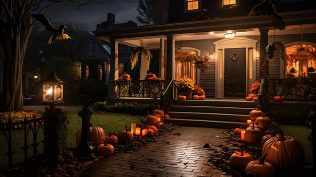 Décor d'Halloween de porche après la tombée de la nuit