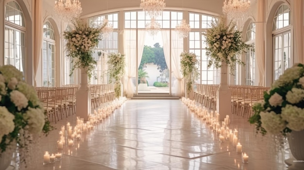 Décor de lieu de mariage avec des arrangements floraux et des décors élégants générés par l'IA