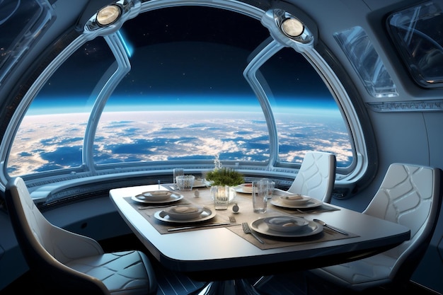 Décor de luxe de restaurant de célébration table de voyage de fête blanche espace de dîner de vaisseau spatial en verre extérieur