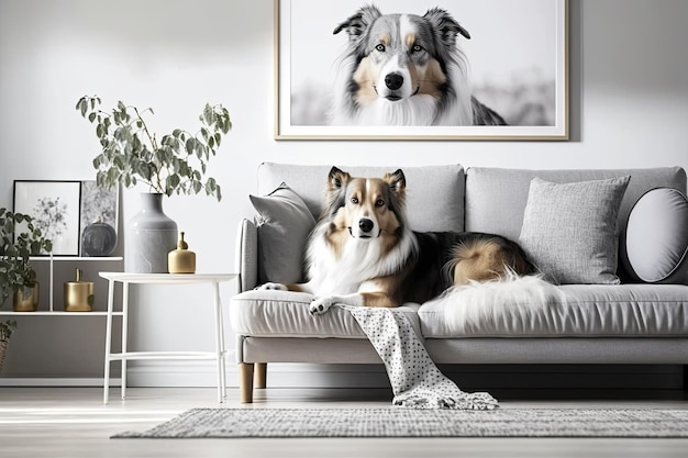 Décor à la maison scandi élégant avec décoration de cadre d'affiche de maquette de table en bois rétro de canapé gris