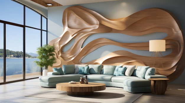 Décor mural en bois artistique dans un salon moderne