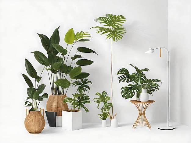 Un décor naturel minimaliste avec un éventail diversifié d'objets de la jungle, chacun isolé sur un fond blanc.